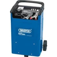 Blue Draper 12/24V battery starter/charger with handle, wheels, and attached jumper cables.