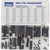 "Draper 120 Piece Roll Pin Assortment in clear plastic case with labeled compartments and black metal pins"
