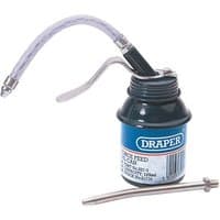 Blue Draper force feed oil can, 125ml, with flexible spout and silver lever, labeled with Draper logo.