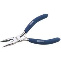 Draper 125MM long nose pliers with blue rubber grips and polished carbon steel jaws.