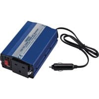 Blue Draper 12V DC-AC inverter, 200W, with black power cord and plug, dual outlets, and red power switch.