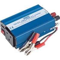 Blue Draper 12V DC-AC inverter, 400W, with dual outlets, red and black clamps, and ribbed casing.