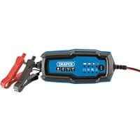 Blue Draper 12V smart charger with LED indicators, black and red clamps, and a 2A output.