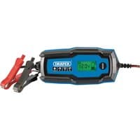 "Draper 12V Smart Charger, blue and black, with LCD screen and red and black clamps"