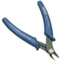 Blue-handled Draper electronic thin jaw nipper with sharp black cutting edges and "Cut Copper Wire Only" text.