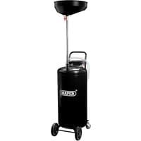 Black Draper 13246 90L Gravity Oil Drainer with large funnel, wheeled base, and handle for easy mobility.