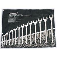 Draper 14 piece imperial spanner set with silver wrenches in black roll-up pouch, various sizes displayed.