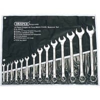Draper 14 piece metric spanner set with silver wrenches on black roll-up pouch, varying sizes from small to large.