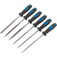 Set of six Draper needle files with black and blue soft grip handles, 150mm length, various file shapes.