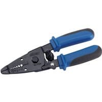 Black and blue Draper 150MM spring-loaded wire stripper with ergonomic handles and multiple stripping holes.