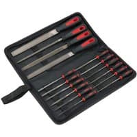 Black Draper 16 piece file set with red and black handles in a zippered carrying case.