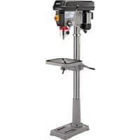 Draper 16 Speed Floor Standing Drill, 1100W, gray metal body, adjustable table, and safety switch.
