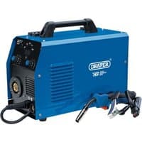 Blue Draper 160 Amp MIG welder with black handle, control dials, and attached welding cables.