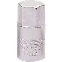 Silver Draper 17MM hexagon drain plug key with 3/8 square drive, engraved with brand name and model number.