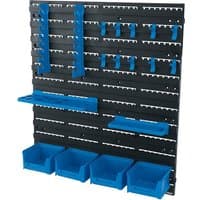 Black Draper tool storage board with blue hooks and bins, featuring 18 slots for organizing tools and accessories.