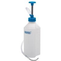 White Draper 1L pump bottle with blue cap, push handle, and clear flexible hose.