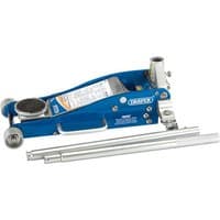 Blue Draper trolley jack with silver handle, quick lift feature, and 2.5-tonne capacity.