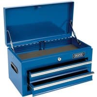 Blue Draper 2 Drawer Tool Chest with open lid, side handles, and silver drawer pulls.