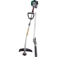 Draper 2 in 1 petrol garden tool, 33cc, with green engine, black handle, and dual cutting attachments.