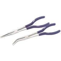 Draper 2 Piece Long Reach Plier Set with silver metal jaws and blue rubber grips, includes straight and bent nose pliers.