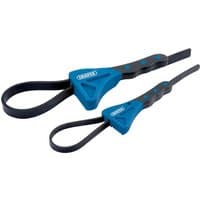 Blue and black Draper strap wrench set with soft grip handles and adjustable rubber straps.