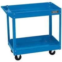 Blue Draper 2 Tier Tool Trolley with two shelves, handle, and four black swivel casters.