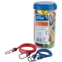 Clear plastic jar with blue lid containing assorted colorful elastic straps with hooks, including red and blue straps.