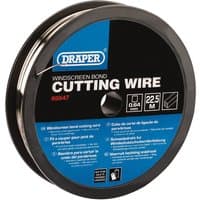 Black spool of Draper stainless steel square wire, 22.5M, 0.5/0.6mm, with blue label detailing specifications.