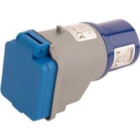 Gray and blue Draper 230V adaptor with a 16A plug and 13A socket, featuring a hinged cover and CE marking.