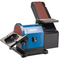 Blue and black Draper belt and disc sander with 100mm belt, 200mm disc, and power switch on the front.