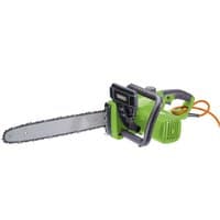 Green Draper 230V chainsaw with 400mm blade, black handle, and orange power cord.