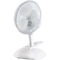 White Draper clip-on desk fan, 6-inch diameter, 15W, with a mesh grille and adjustable tilt on a sturdy base.