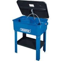 Blue Draper 230V floor-standing parts washer with 76L capacity, black lid, and lower shelf.