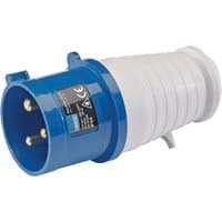 Blue and white Draper 230V IP44 site plug, 32A, with three metal prongs and ribbed grip design.