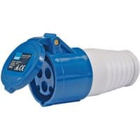Blue and white Draper 230V IP44 site socket, 16A, with a hinged cover and ribbed grip design.