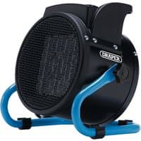 Black Draper 230V PTC electric space heater with blue stand and mesh front grill, featuring a compact cylindrical design.