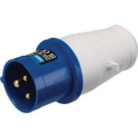 Blue and white Draper 230V site plug, 16A, with three brass pins and ribbed grip design.