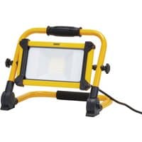 Yellow Draper folding site light with black accents, 10W, 1100 lumens, featuring a sturdy handle and adjustable stand.