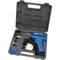 Blue Draper 230V soldering gun kit, 100W, with accessories in a black plastic case, UK plug included.