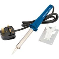 Blue-handled Draper 230V soldering iron, 60W, with pointed tip, black power cord, UK plug, and metal stand.