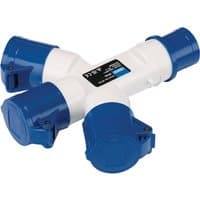 White and blue Draper 230V 3-way splitter, 16A, with three socket outlets and a central label displaying specifications.