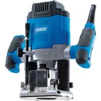 Blue and silver Draper variable speed router with ergonomic handles and black accents, 1/4" collet, 1200W power.