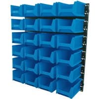 Blue Draper wall storage unit with 24 large bins on a black frame, arranged in four rows of six bins.