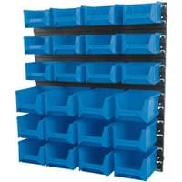 Draper wall storage unit with 24 blue bins on black panels, featuring small and medium-sized compartments.