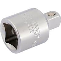 Silver Draper 3/8"(F) x 1/4"(M) socket converter with engraved logo and square drive end.