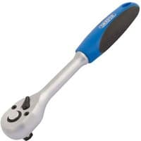 Draper 3/8" reversible ratchet with 72-tooth mechanism, silver head, and blue soft grip handle.