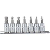 Draper 7-piece hexagonal socket bit set with silver sockets and gray bits on a black rail.