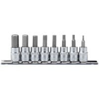 Draper 3/8" square drive hex socket bit set, 8 pieces, silver finish, mounted on a metal rail.