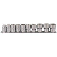 "Draper 3/8'' square drive socket set on metal rail, featuring 10 silver sockets in varying sizes arranged in a row"