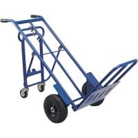 Blue Draper 3 in 1 heavy duty sack truck with foldable frame, two large wheels, and two small swivel casters.